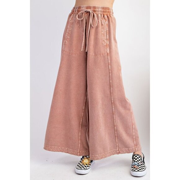 easel Pants - Cozy On The Go Mineral Washed Terry Knit Pants in Cinnamon